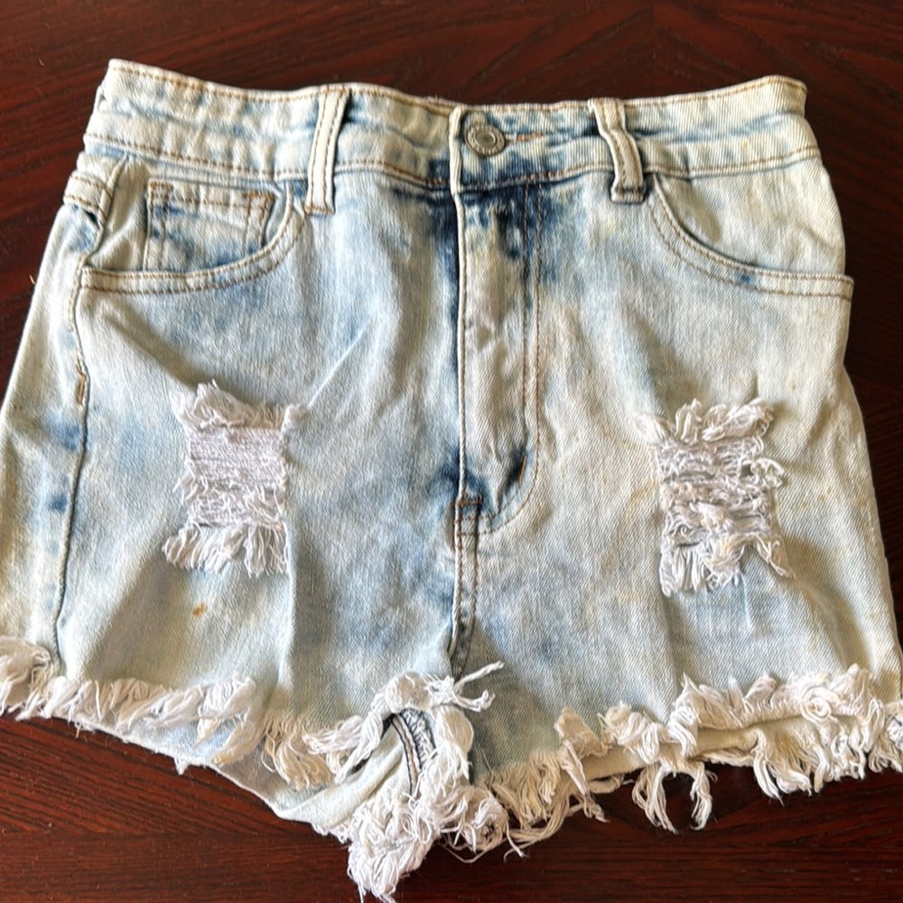 Blue Distressed Jean Shorts with Raw Hem